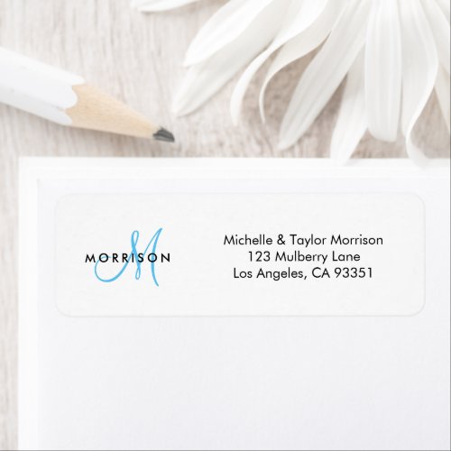 Elegant Modern Script Monogram Blue Return Address Label