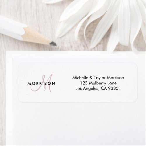 Elegant Modern Script Monogram Blush Pink Address Label