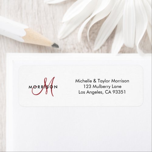 Elegant Modern Script Monogram Red Return Address Label