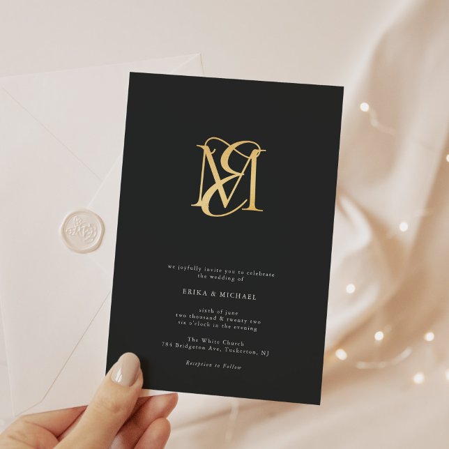 Elegant Modern Script Monogram Wedding Foil Invitation (Creator Uploaded)