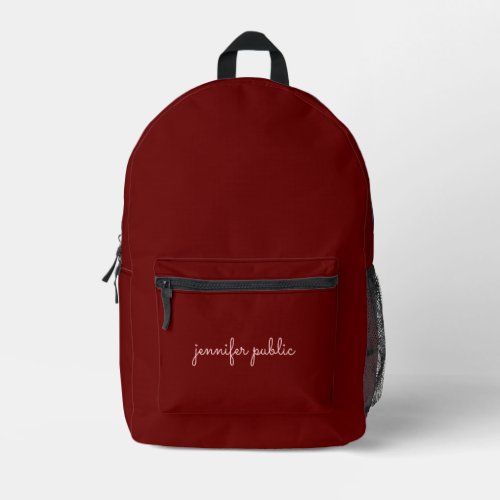 Elegant Modern Script Name Dark Red Solid Color Printed Backpack