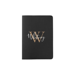Elegant Modern Script Name Monogram Black Gold Passport Holder