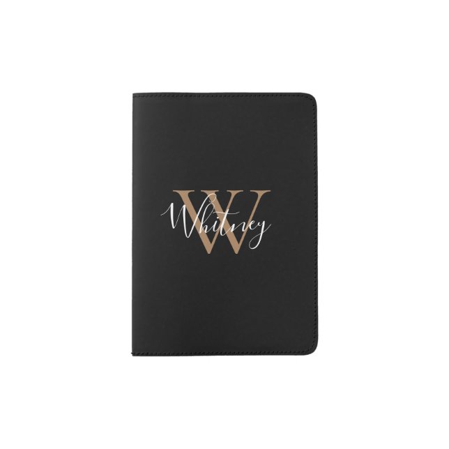 Elegant Modern Script Name Monogram Black Gold  Passport Holder (Front)