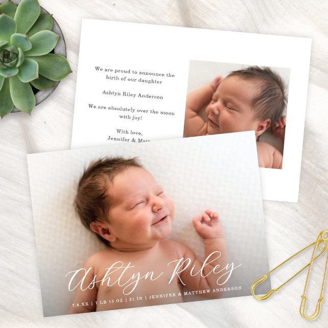 Elegant Modern Script Name Two Photo Birth Announcement (Creator Uploaded)