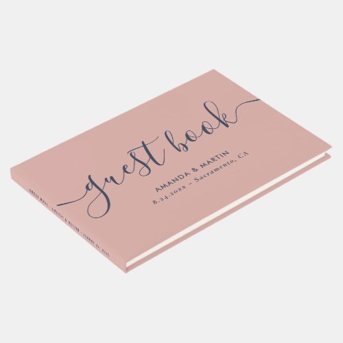 Elegant Modern Script Navy Blue and Blush Wedding Guest Book