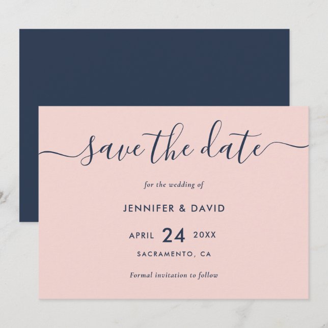 Elegant Modern Script Navy Blue and Blush Wedding Save The Date (Front/Back)