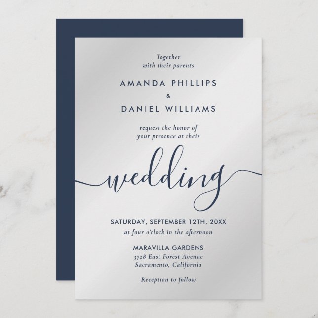Elegant Modern Script Navy Blue and Silver Wedding Invitation (Front/Back)