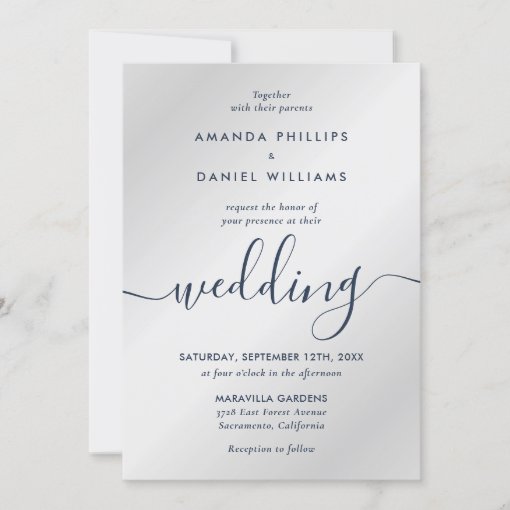 Elegant Modern Script Navy Blue and Silver Wedding Invitation | Zazzle