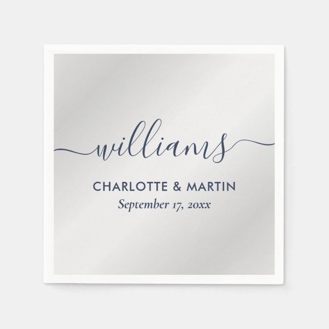 Elegant Modern Script Navy Blue and Silver Wedding Napkins (Front)