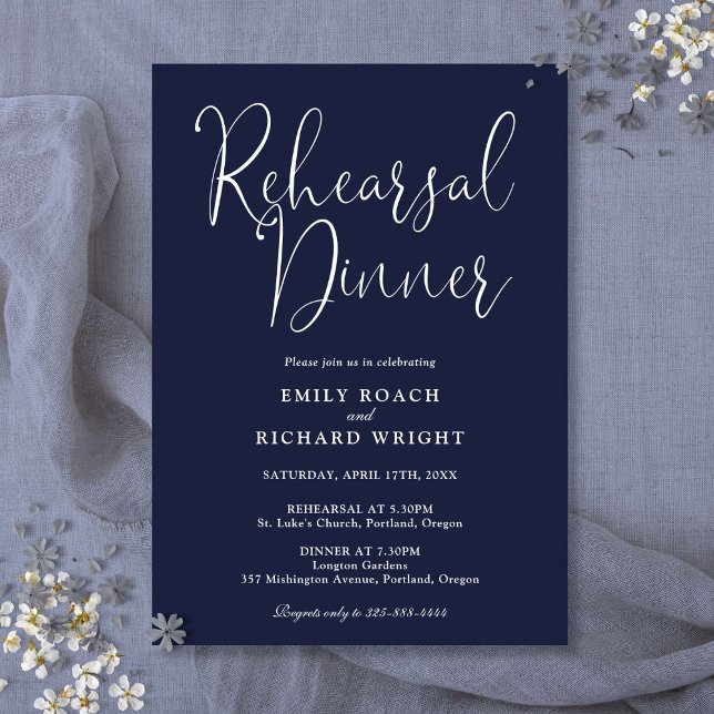 Elegant Modern Script Navy Blue Rehearsal Dinner Invitation (Elegant Modern Script Navy Blue Rehearsal Dinner Invitation)