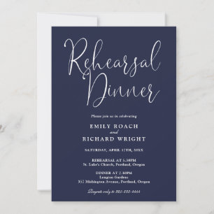Elegant Modern Script Navy Blue Rehearsal Dinner Invitation