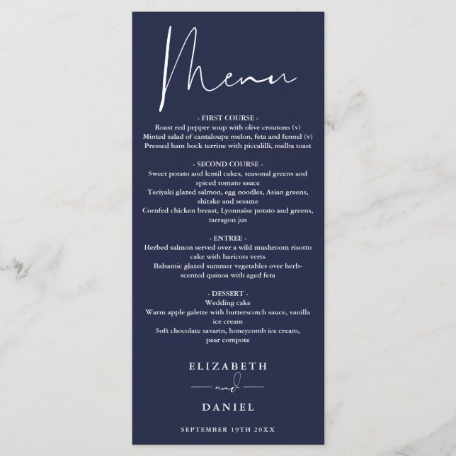 Elegant Modern Script Navy Blue Wedding Dinner Menu (Front)