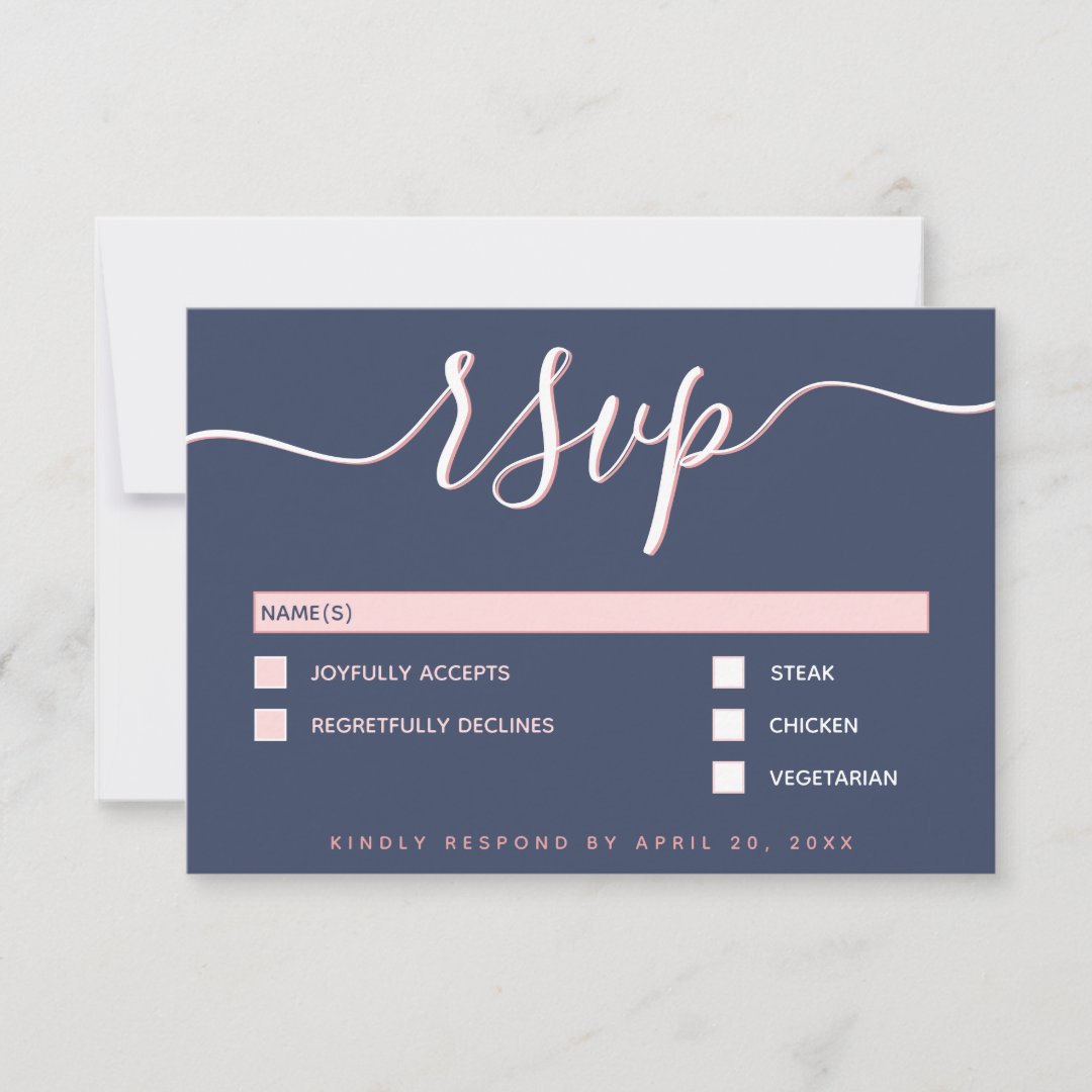 Elegant & Modern Script Navy & Blush Wedding RSVP | Zazzle