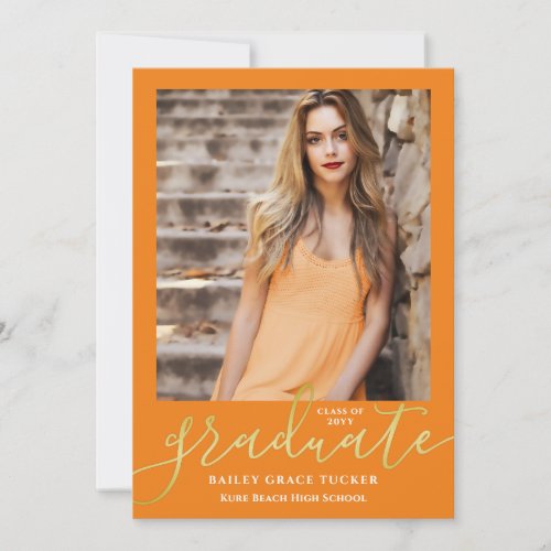 Elegant Modern Script Orange Photo Graduation Announcement