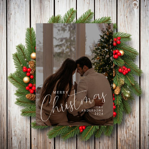 Elegant Modern Script Overlay Full Photo Christmas Holiday Postcard
