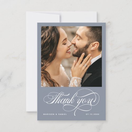 Elegant Modern Script Photo Dusty Blue Wedding Thank You Card