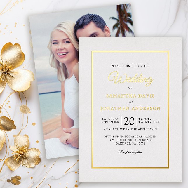 Elegant Modern Script Photo Gold Foil Wedding Invitation (Creator Uploaded)