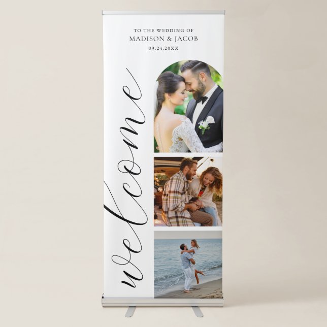 Elegant Modern Script Photo Wedding Welcome Retractable Banner (Front)
