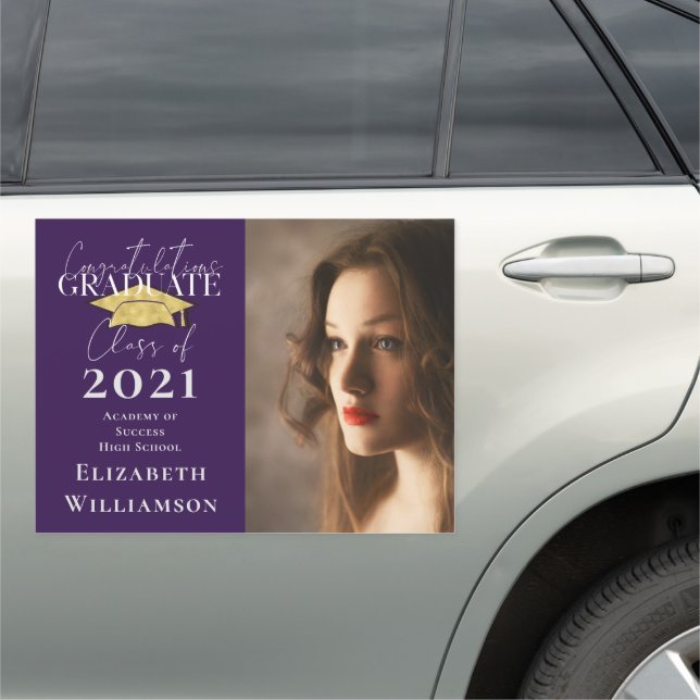 Elegant Modern Script Purple Gold Photo Graduation Car Magnet (In Situ)