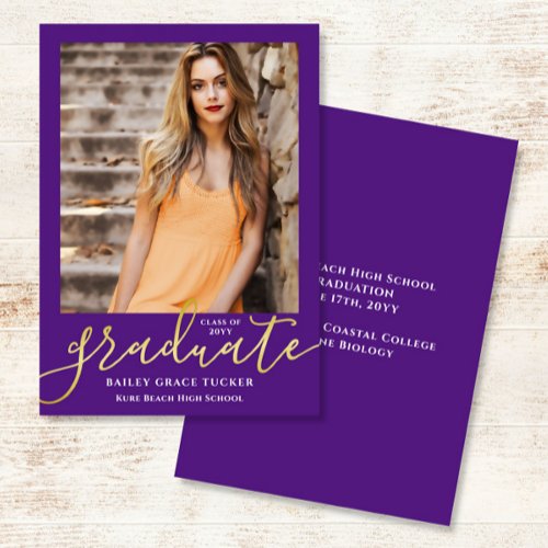 Elegant Modern Script Purple Photo Graduation Announcement