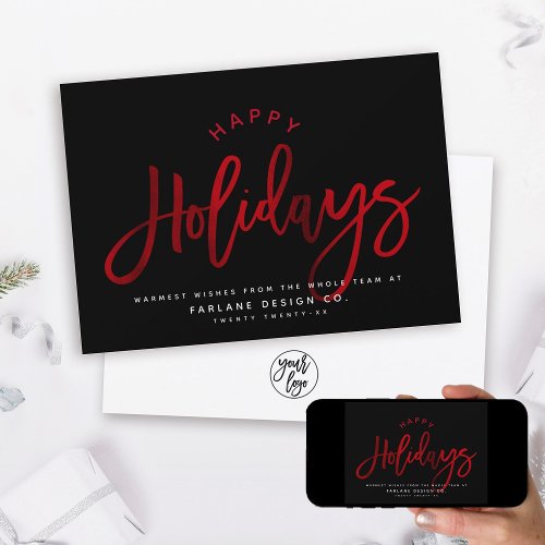 Elegant Modern Script Red Foil Corporate Happy Holiday Card