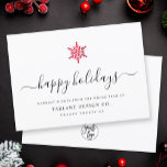 Elegant Modern Script Red Foil Snowflake Corporate Holiday Card<br><div class="desc">Modern minimalist business holiday card with elegant script calligraphy reading HAPPY HOLIDAYS under a printed red foil snowflake. Below is space for your custom message as well as additional space on the back over your corporate logo.</div>