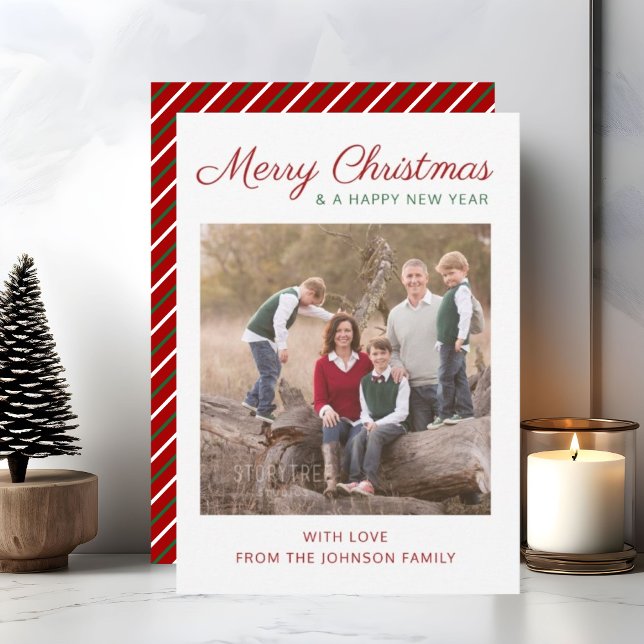 Elegant Modern Script Red Stripes Christmas Photo Holiday Card (Elegant Modern Script Red Stripes Christmas Photo Holiday Card)