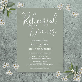 Elegant Modern Script Sage Green Rehearsal Dinner Invitation