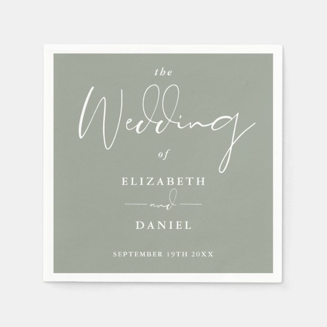 Elegant Modern Script Sage Green Wedding Napkins (Front)
