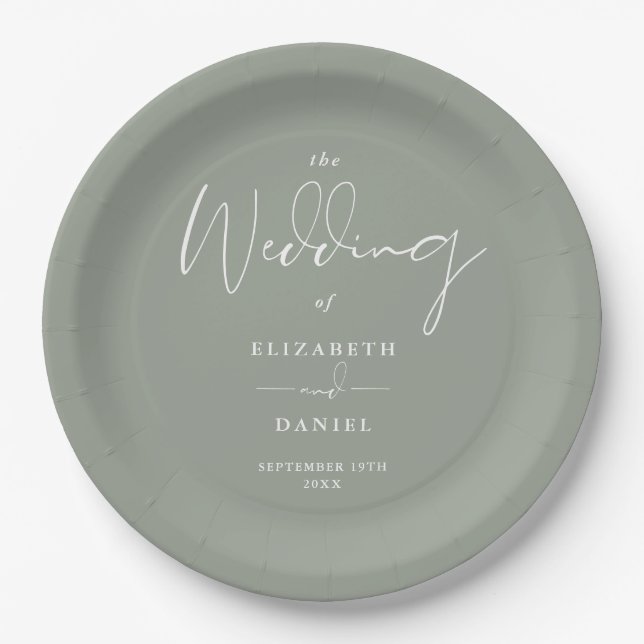 Elegant Modern Script Sage Green Wedding Paper Plates (Front)