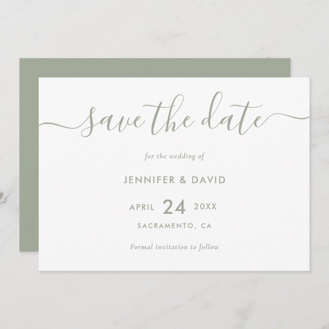 Elegant Modern Script Sage Green Wedding Save The Date (Front/Back)
