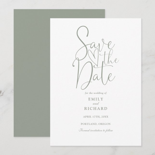 Elegant Modern Script Sage Green Wedding Save The Date (Front/Back)