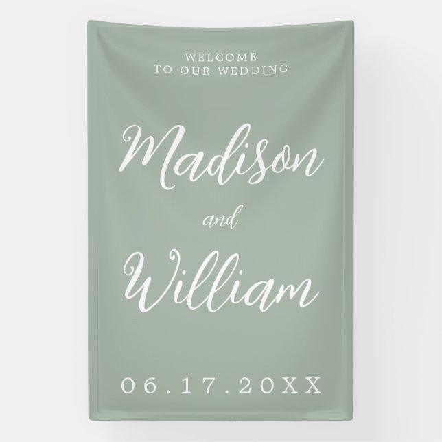 Elegant Modern Script Sage Green Welcome Wedding Banner (Vertical)