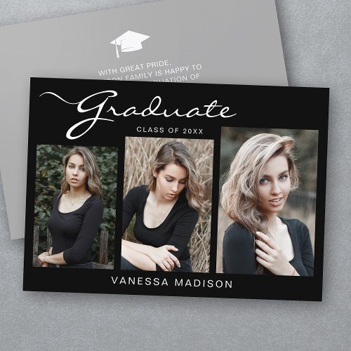 Elegant Modern Script Simple  3 Photo Graduation Announcement