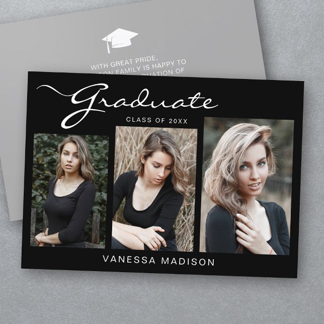 Elegant Modern Script Simple | 3 Photo Graduation Announcement (Creator Uploaded)