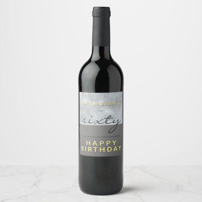 Elegant Modern Script Sixty Grey 60th Birthday Wine Label (Front)