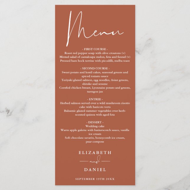 Elegant Modern Script Terracotta Wedding Dinner Menu (Front)