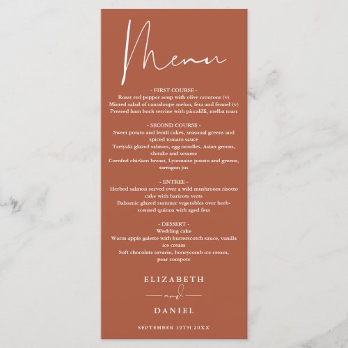 Elegant Modern Script Terracotta Wedding Dinner Menu