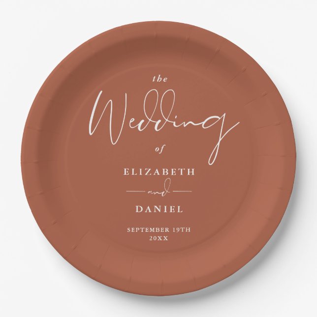 Elegant Modern Script Terracotta Wedding Paper Plates (Front)