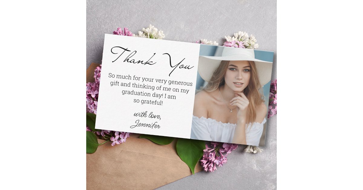 elegant modern script thank you graduation photo note card | Zazzle