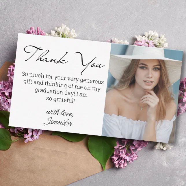 elegant modern script thank you graduation photo note card | Zazzle