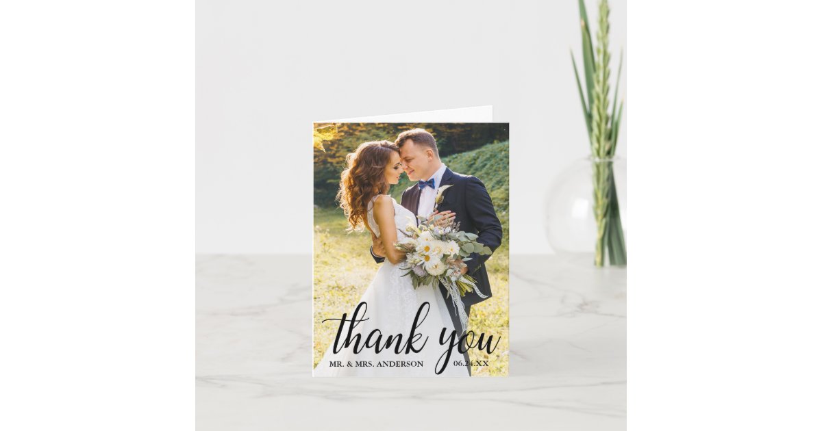 Elegant Modern Script Wedding Couple Photo Note Thank You Card | Zazzle