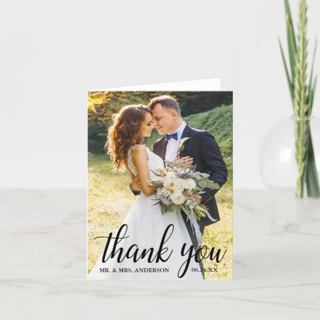 Elegant Modern Script Wedding Couple Photo Note Thank You Card | Zazzle