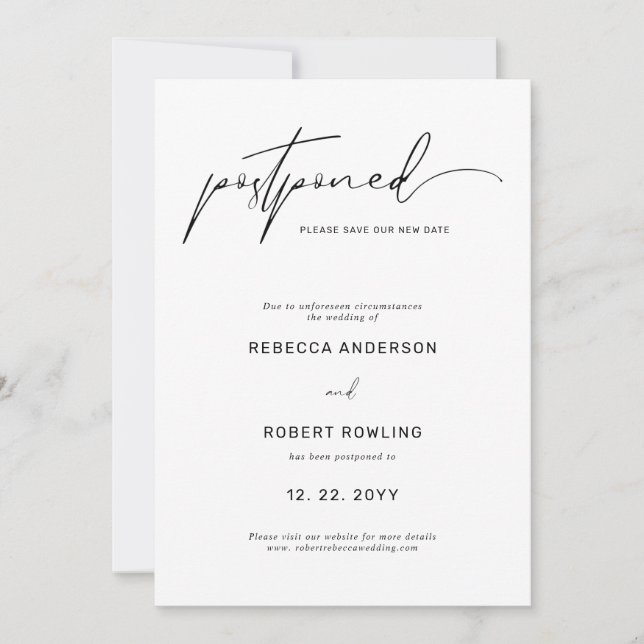 Elegant Modern Script Wedding Date Postponement  Invitation (Front)