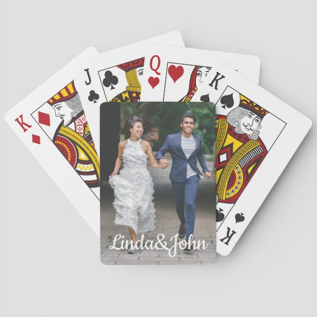 elegant modern script wedding day photo  poker cards (Back)