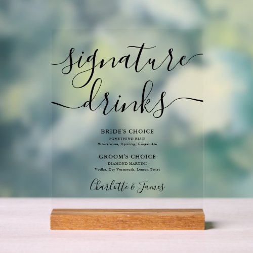 Elegant Modern Script Wedding Signature Drinks Acrylic Sign