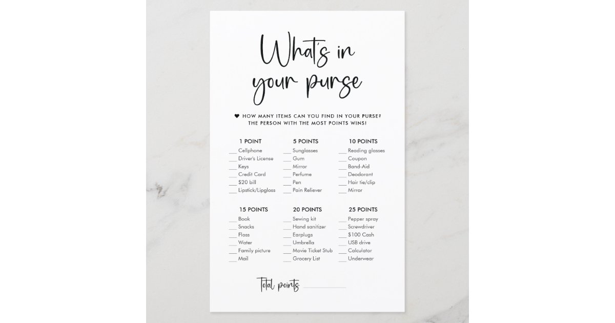 Elegant Modern Script | What's In Your Purse Game | Zazzle