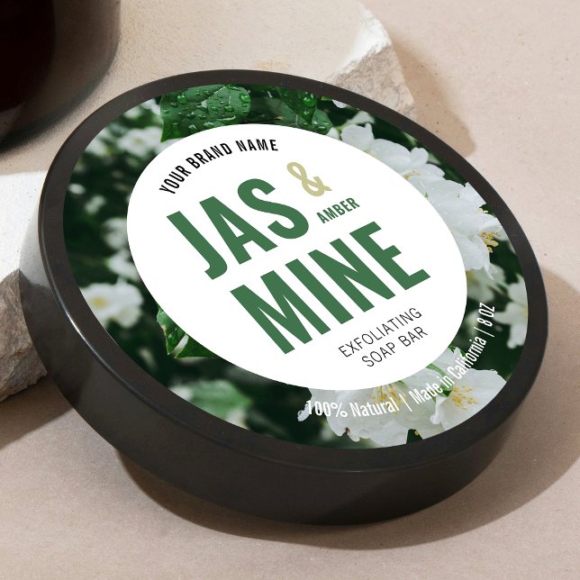 Elegant Modern Scrub Soap Lotion Label With Photo (Round product label with bold type in neutral green with custom photo background)