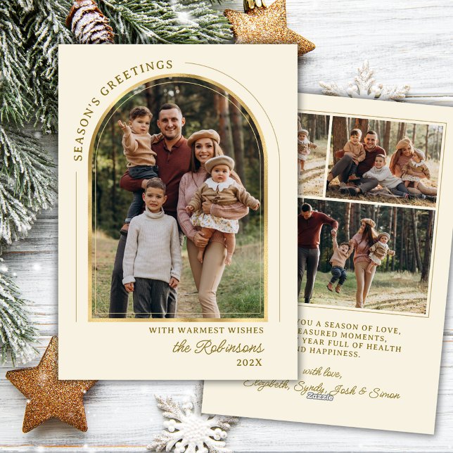 Elegant Modern Seasons Greetings Gold Arch 4 Photo Holiday Card (Creator Uploaded)