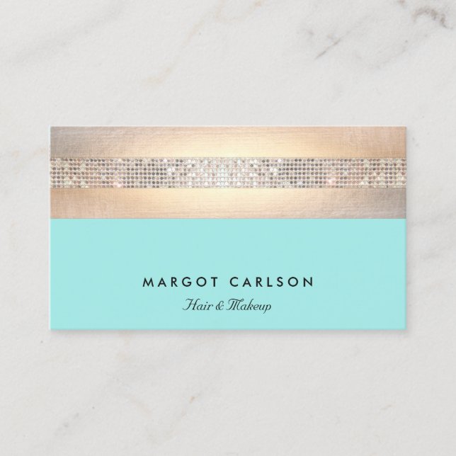 Elegant Modern Sequin and Gold Striped Turquoise Business Card (Front)